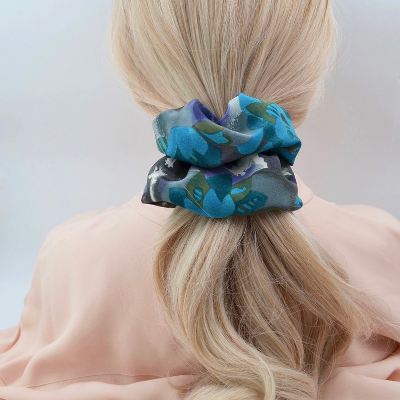 Blue Green Floral silk scrunchie detail