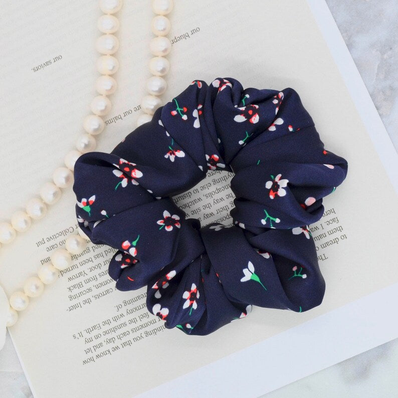 Navy Floral silk scrunchie detail