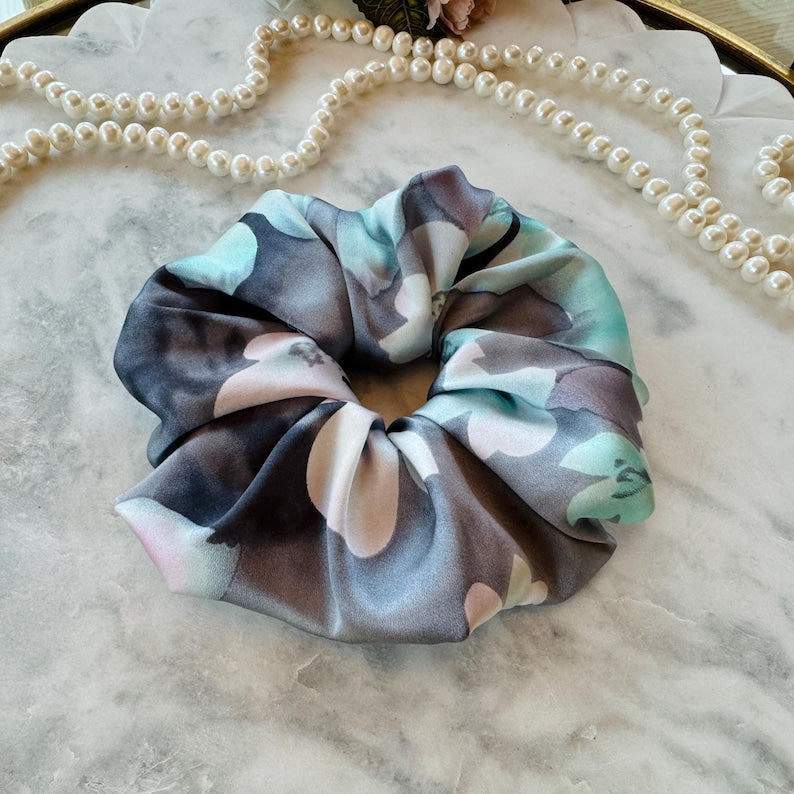 Smoky Grey Floral silk scrunchie detail