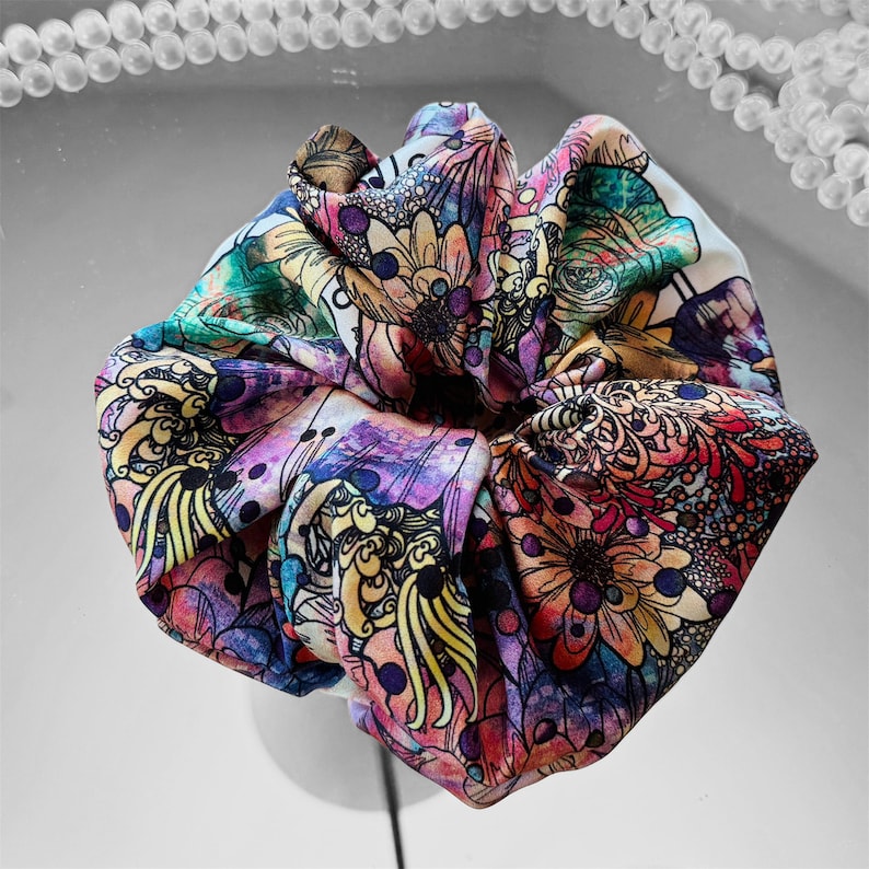 Vibrant Floral Art Silk Scrunchie on hair
