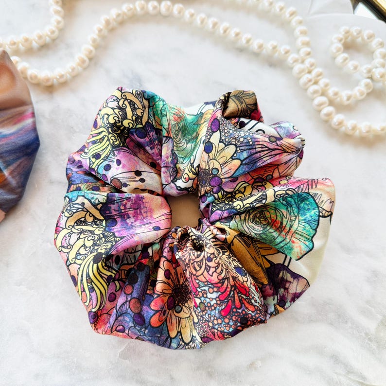 Vibrant Floral Art Silk Scrunchie detail