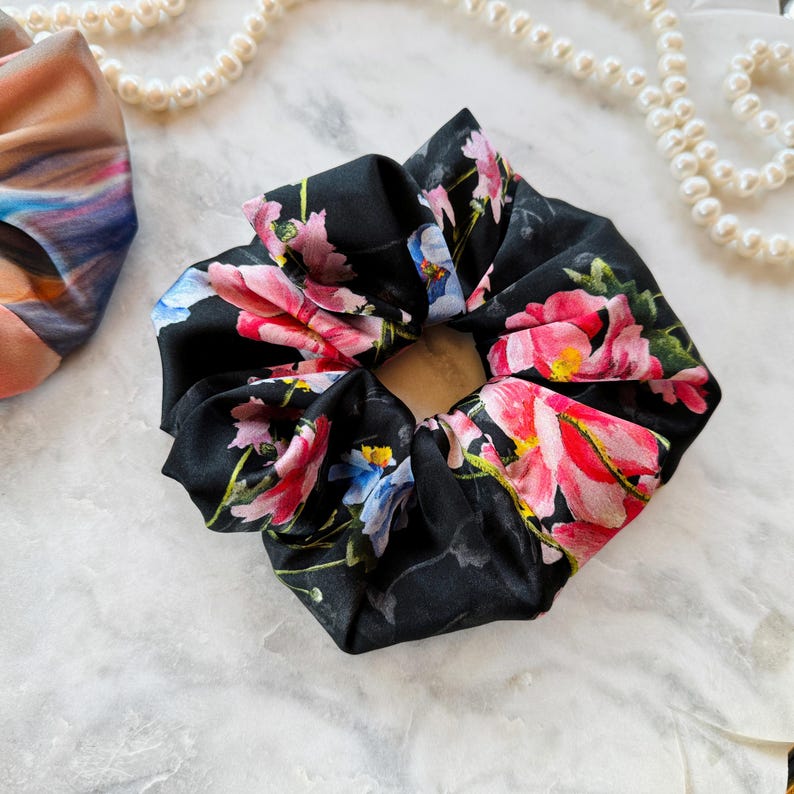 Black Floral Vintage silk scrunchie on hair
