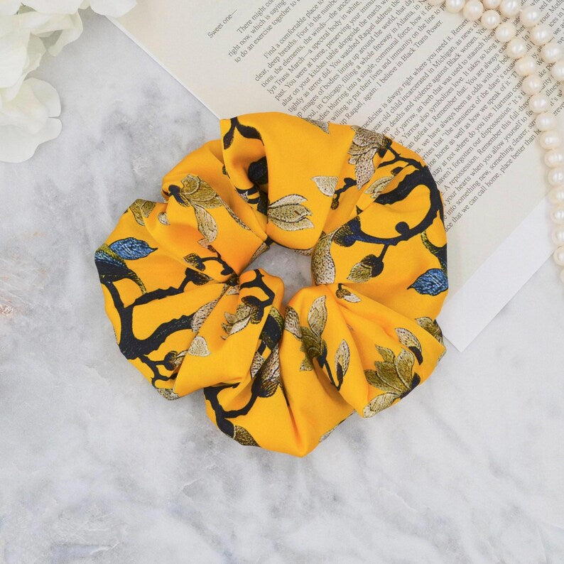 Floral Yellow Silk Scrunchie on hair