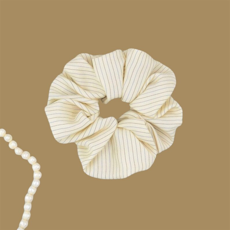 Cream Stripe Silk Scrunchie on hair