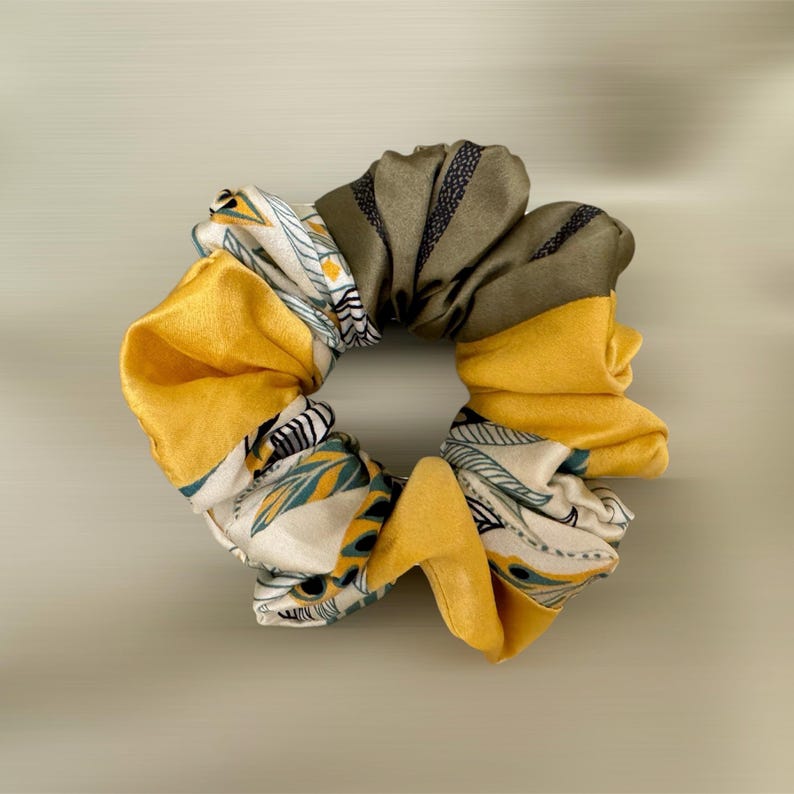 Color Block Patchwork Silk Scrunchie on hair