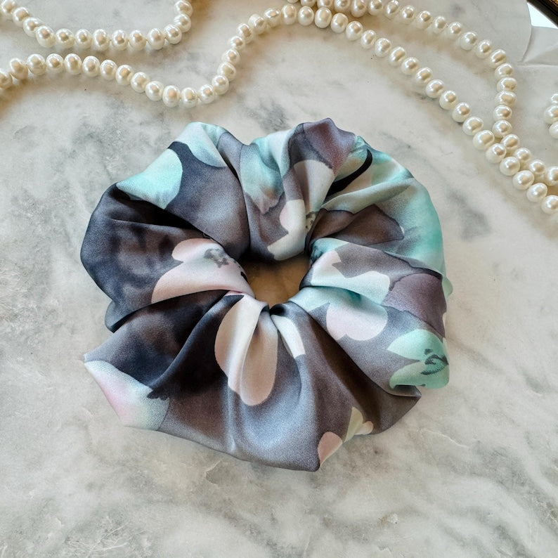 Smoky Grey Floral Mulberry Silk Scrunchie