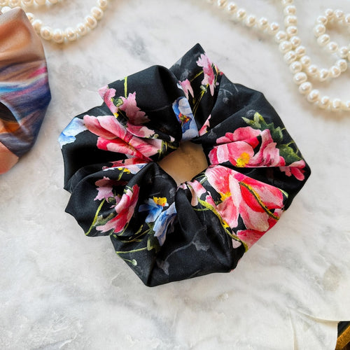 Black Floral Vintage Mulberry Silk Scrunchie