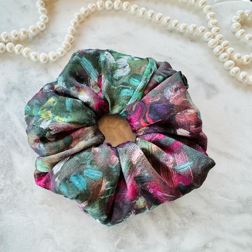 Dark Floral Silk Scrunchie detail