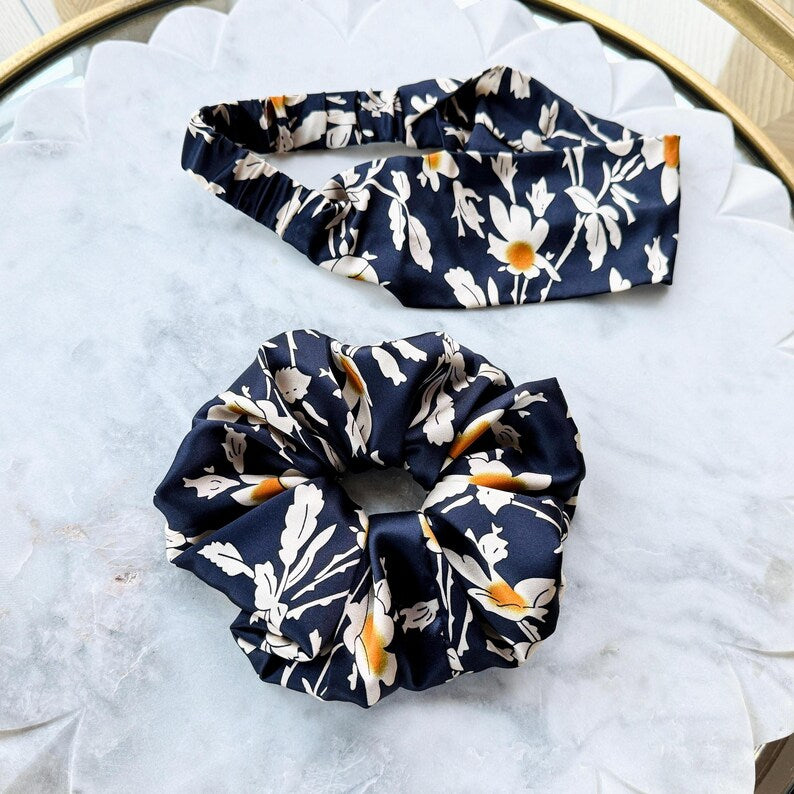 Navy Floral Silk Scrunchie and Headband