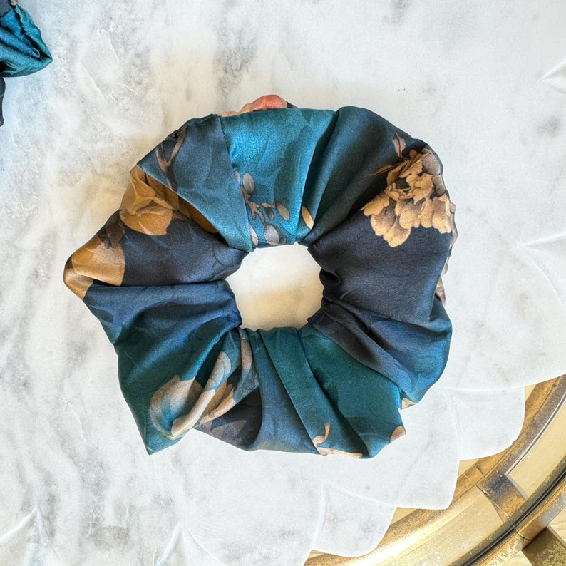 Teal Botanical silk scrunchie detail