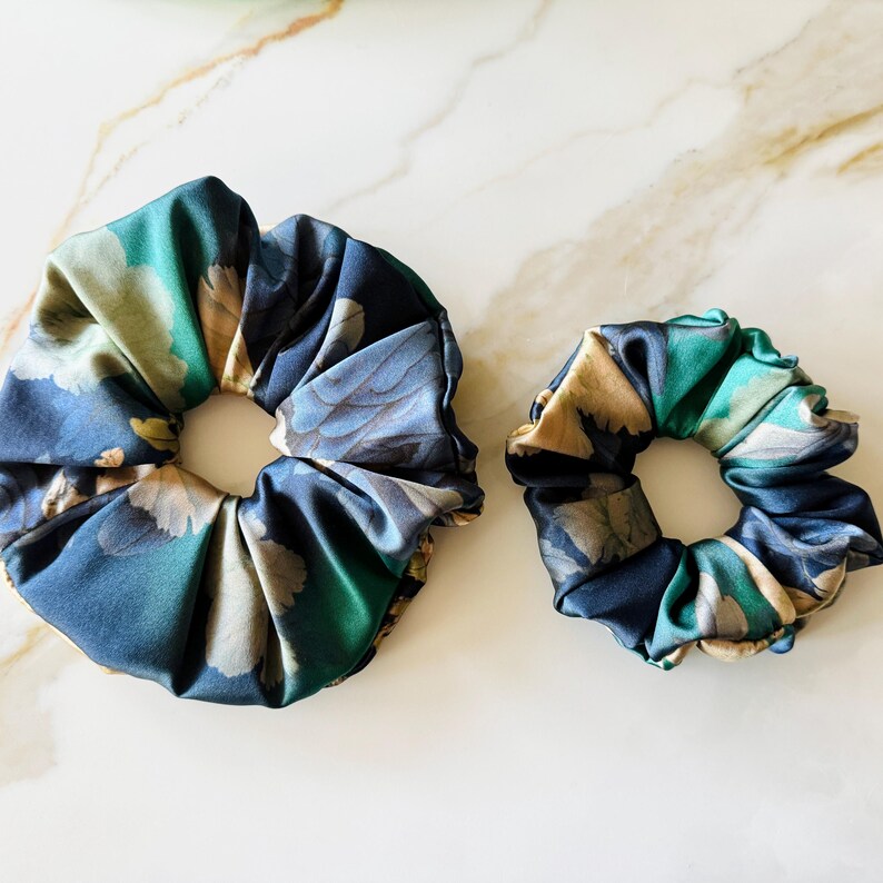 Blue Green Floral Mulberry Silk Scrunchie detail
