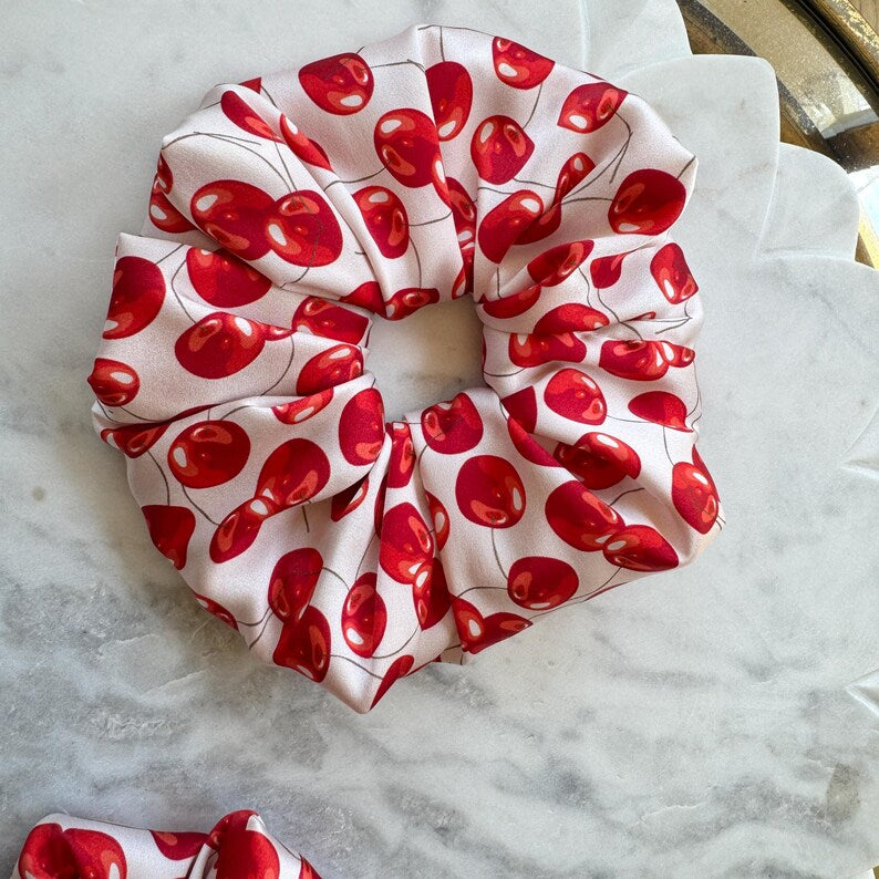 Red Cherry Vintage silk scrunchie detail