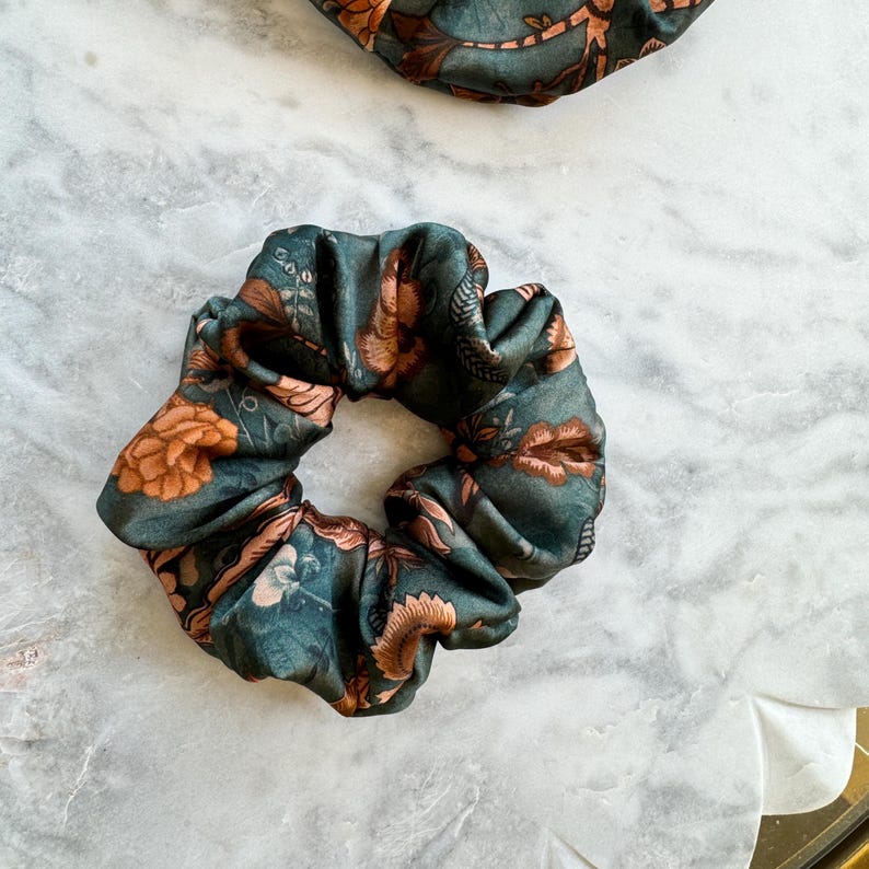 Floral Pattern Silk Scrunchie on hair