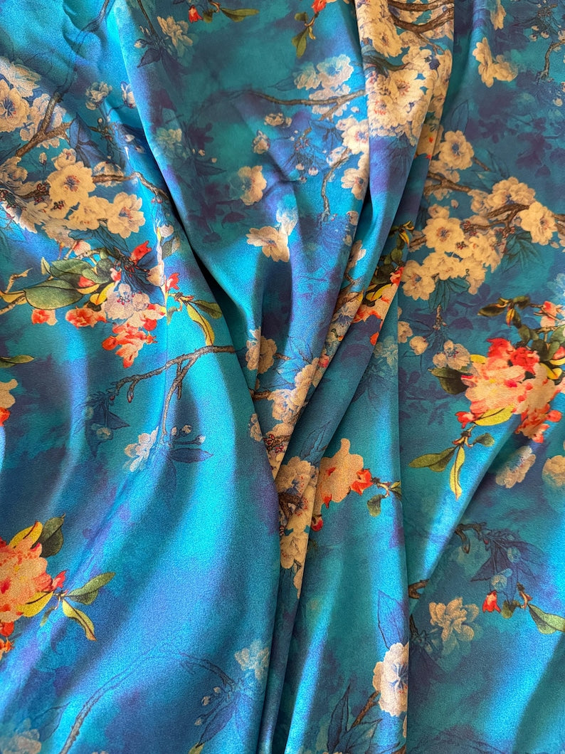 Teal Gold silk scrunchie on hair