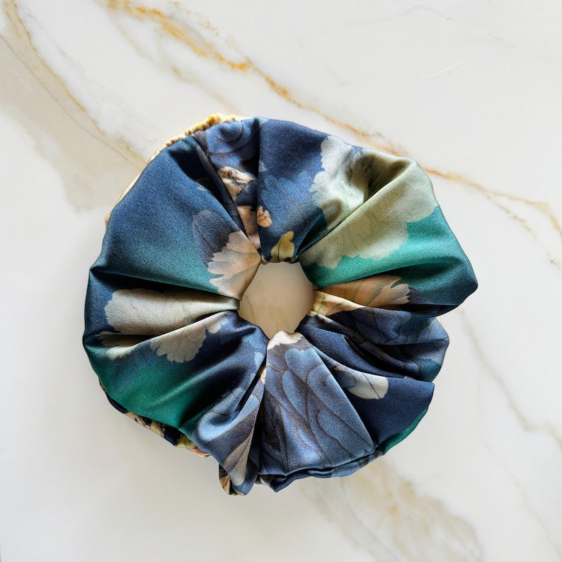 Blue Green Floral Mulberry Silk Scrunchie
