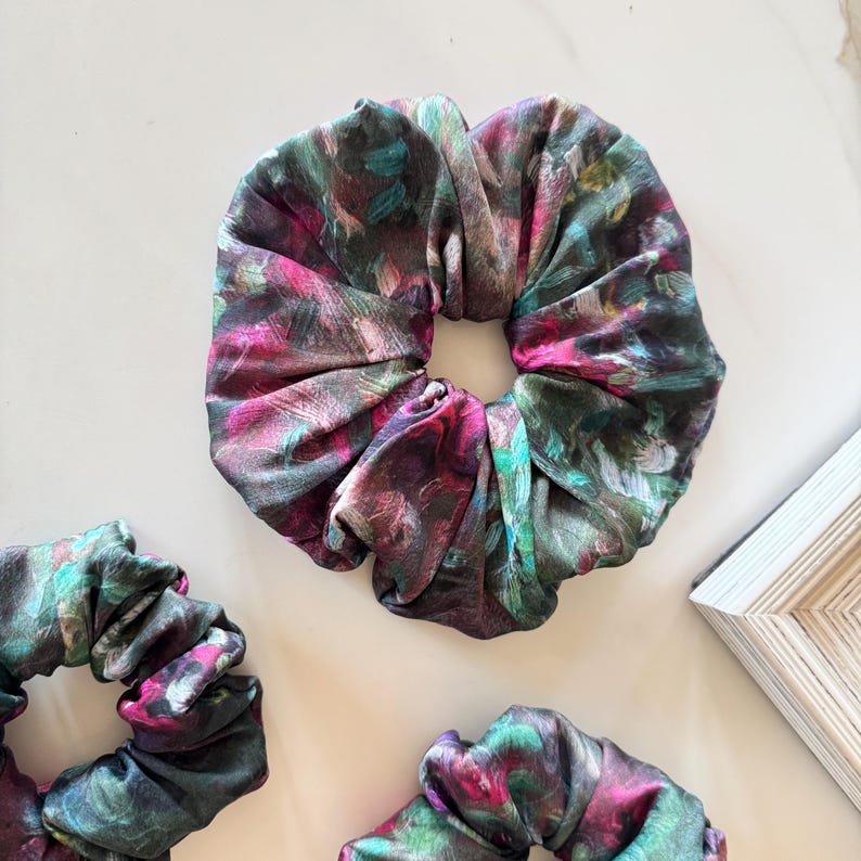 Dark Floral Silk Scrunchie on hair