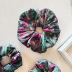 Dark Floral Silk Scrunchie on hair