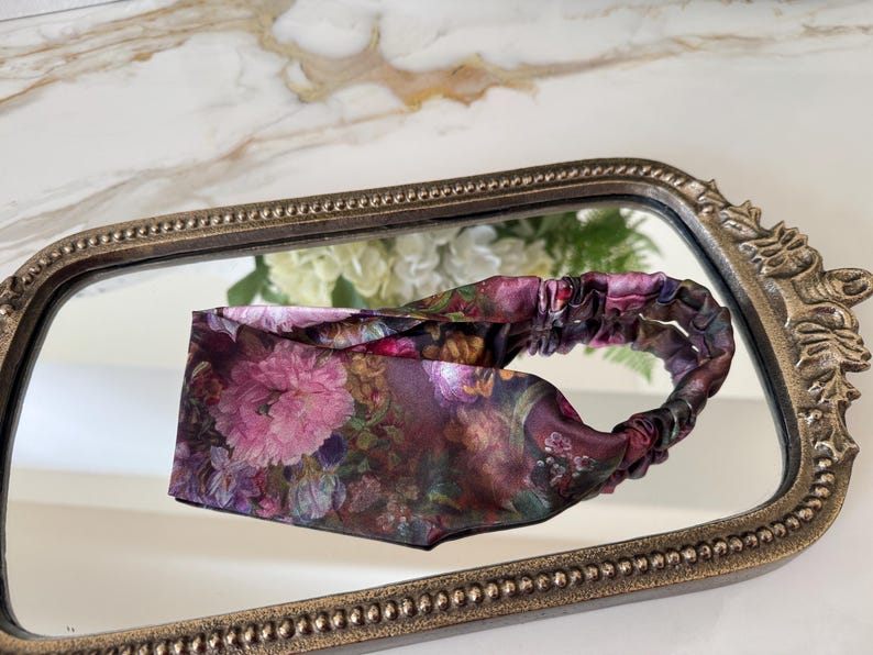 Burgundy Garden headband on model