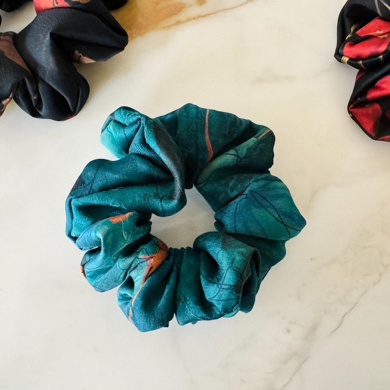 Teal Botanical Xiangyunsha Silk Scrunchie on hair