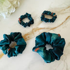 Teal Botanical Xiangyunsha Silk Scrunchie detail