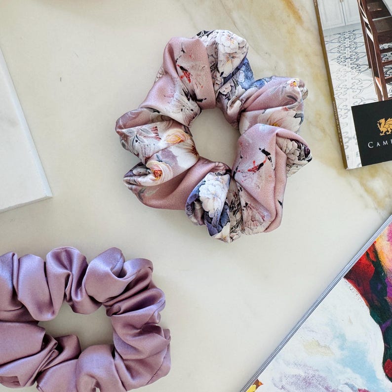 Dusty Rose Silk Scrunchie on hair