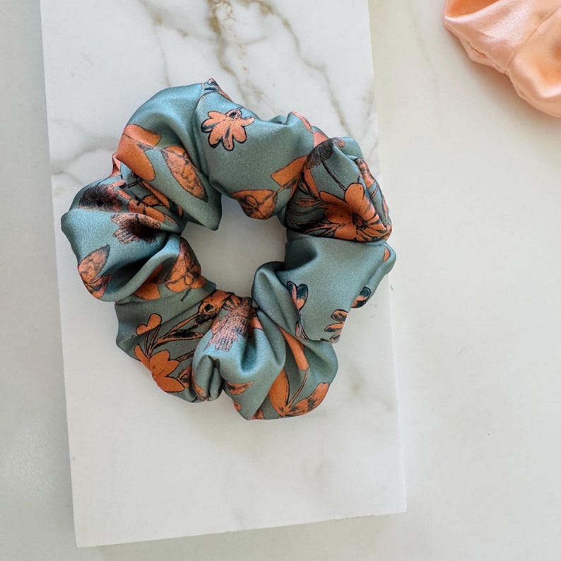 Sage Green Floral Silk Scrunchie on hair