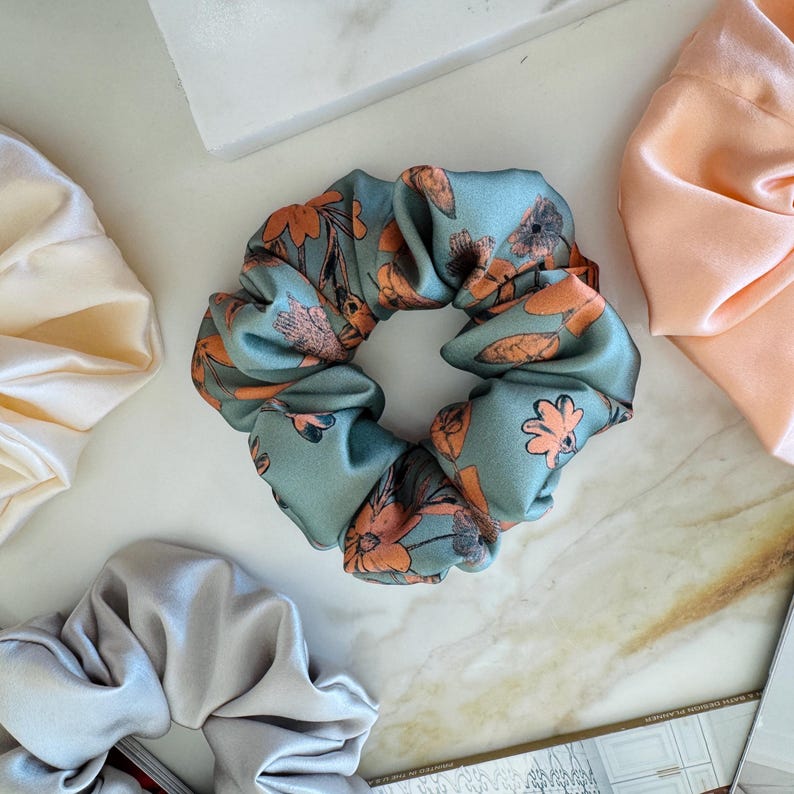 Sage Green Floral Silk Scrunchie detail
