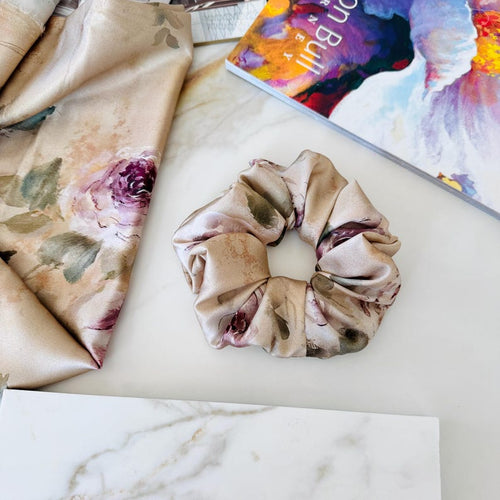 Beige Floral Satin silk scrunchie detail