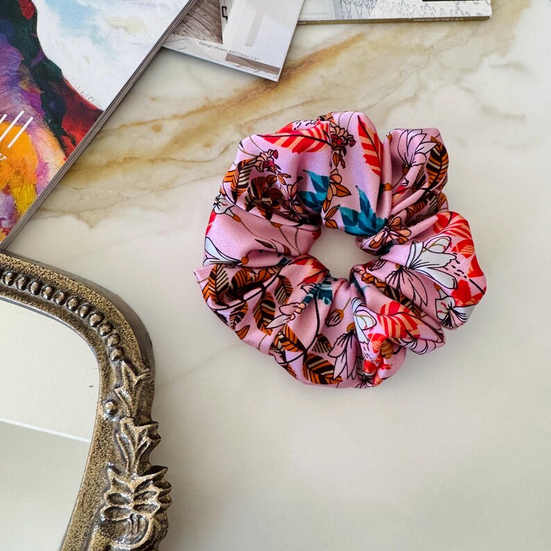 Pink Botanical Silk Scrunchie detail