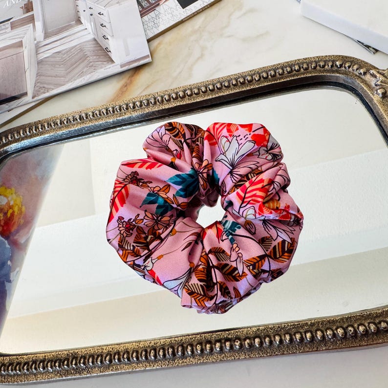 Pink Botanical Silk Scrunchie on hair