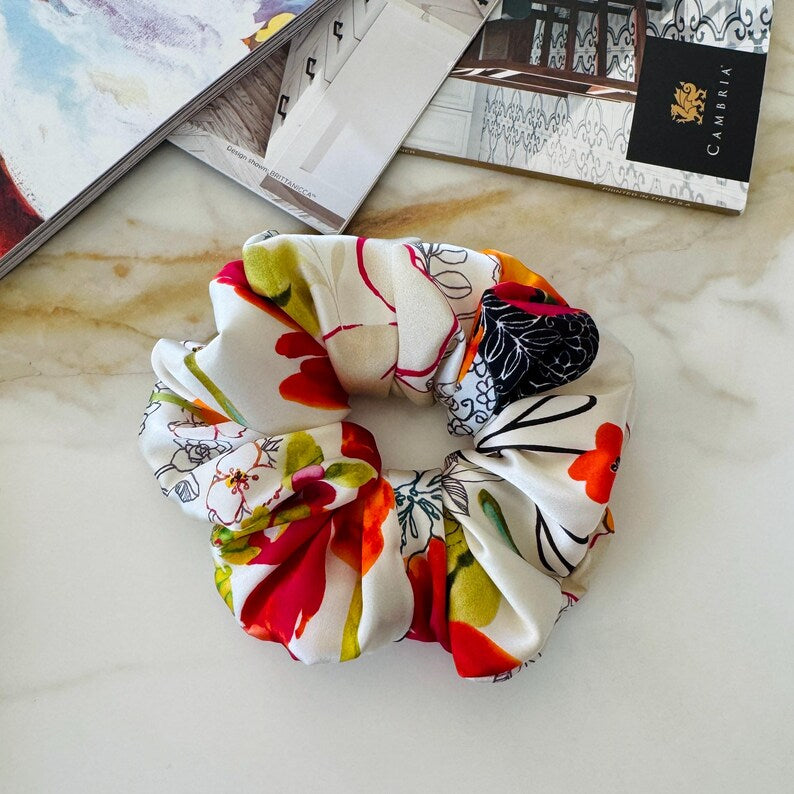 Cream Floral Mulberry Silk Scrunchie on hair