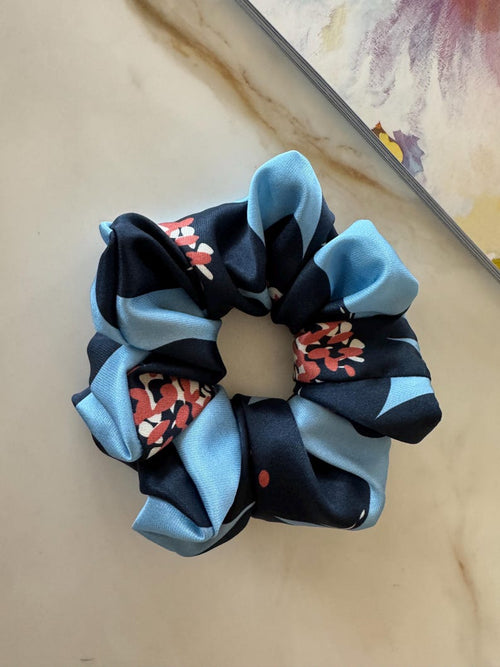 Blue Floral Silk Scrunchie detail