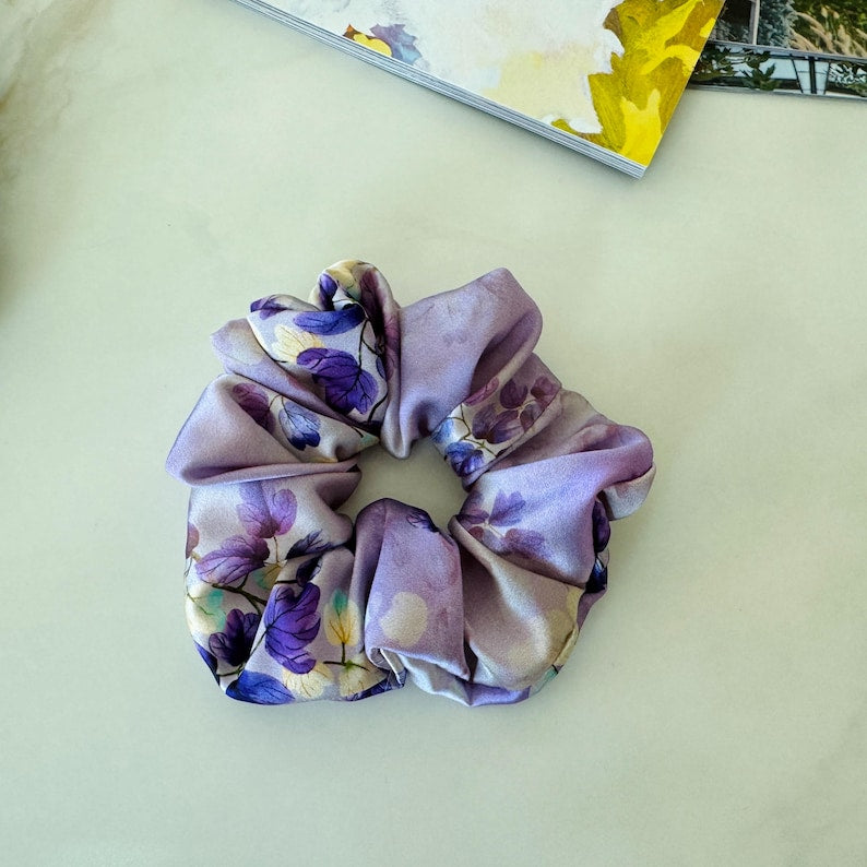 Lavender Floral silk scrunchie on hair