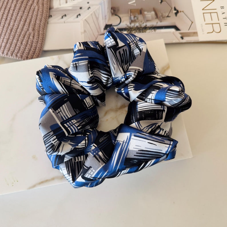 Navy Geometric Silk Scrunchie detail