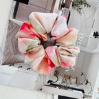 Pink Watercolor Floral Silk Scrunchie on hair