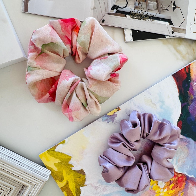 Pink Watercolor Floral Silk Scrunchie detail