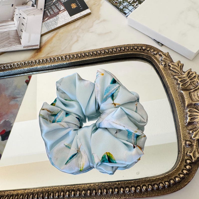 Light Blue Butterfly Silk Scrunchie detail