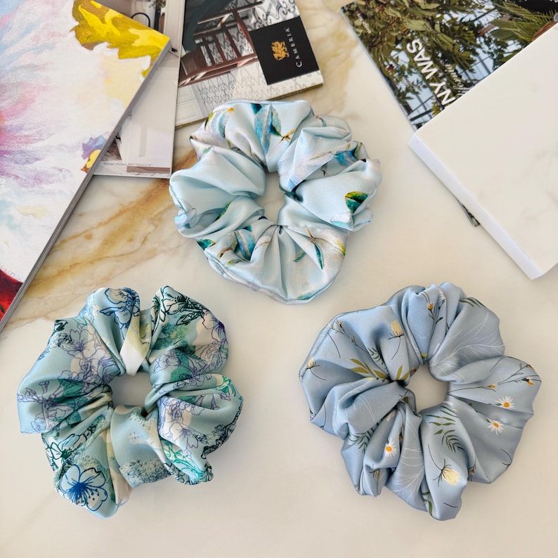 Blue Floral Silk Scrunchie detail