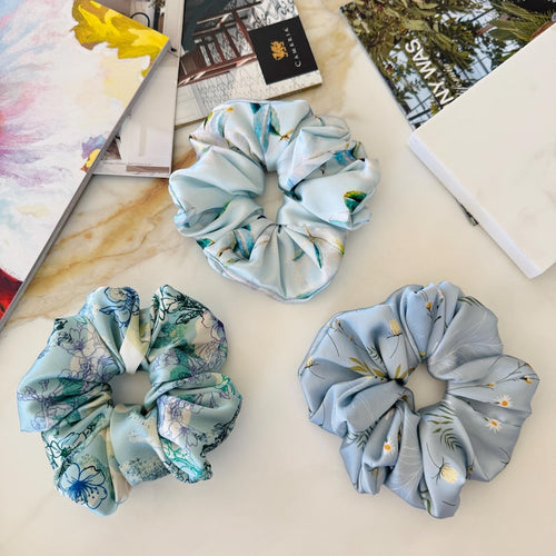 Blue Floral Silk Scrunchie detail