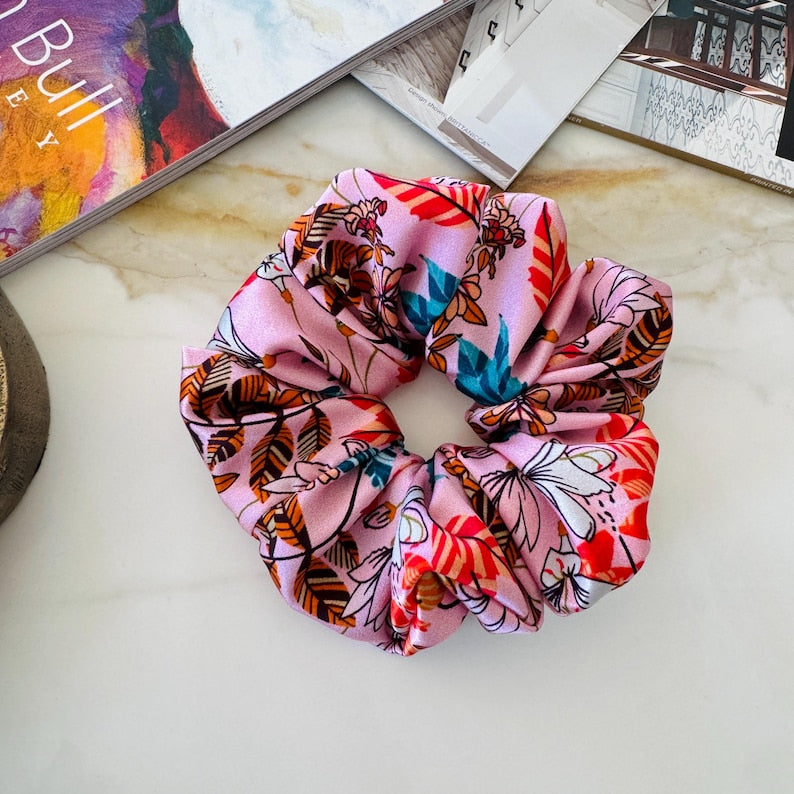 Pink Botanical Floral Silk Scrunchie
