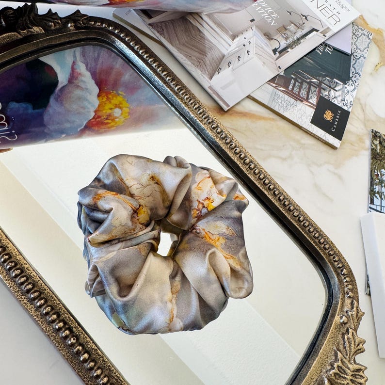 Marble Print Silk Scrunchie on hair