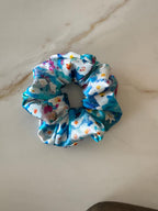 Blue Floral Print Silk Scrunchie on hair