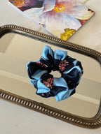 Blue Floral Silk Scrunchie on hair