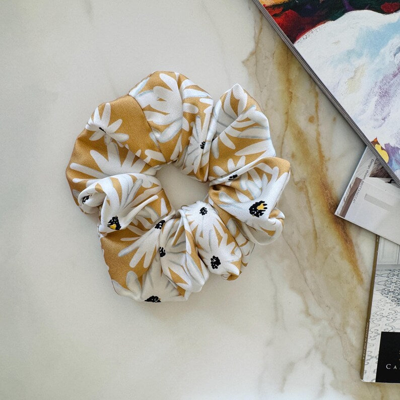 Mustard Daisy silk scrunchie detail