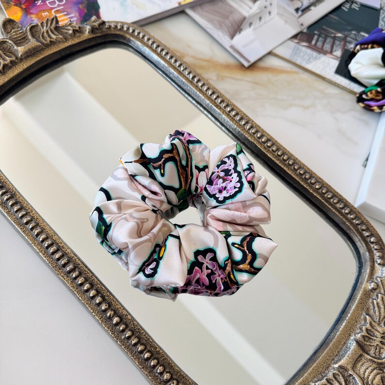 Elegant Botanical Silk Scrunchie on hair