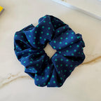 Navy Polka Dot Silk Scrunchie on hair