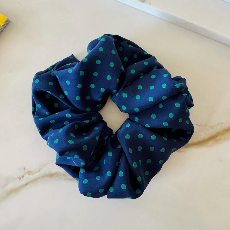 Navy Polka Dot Silk Scrunchie on hair