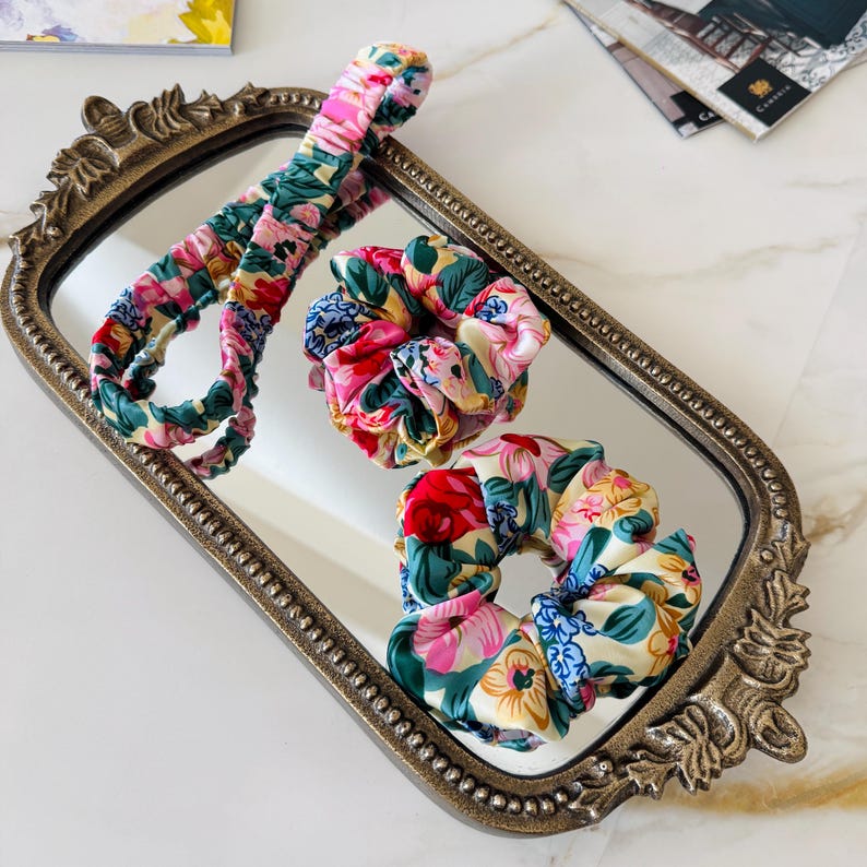 Floral Mulberry Silk Scrunchie Large Hair Tie