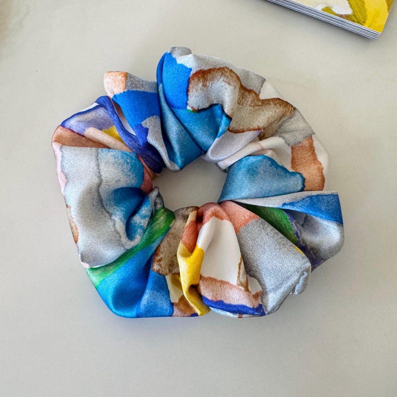 Blue Watercolor Mulberry Silk Scrunchie