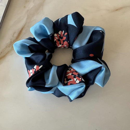 Blue Floral Silk Scrunchie Minimal Elegant
